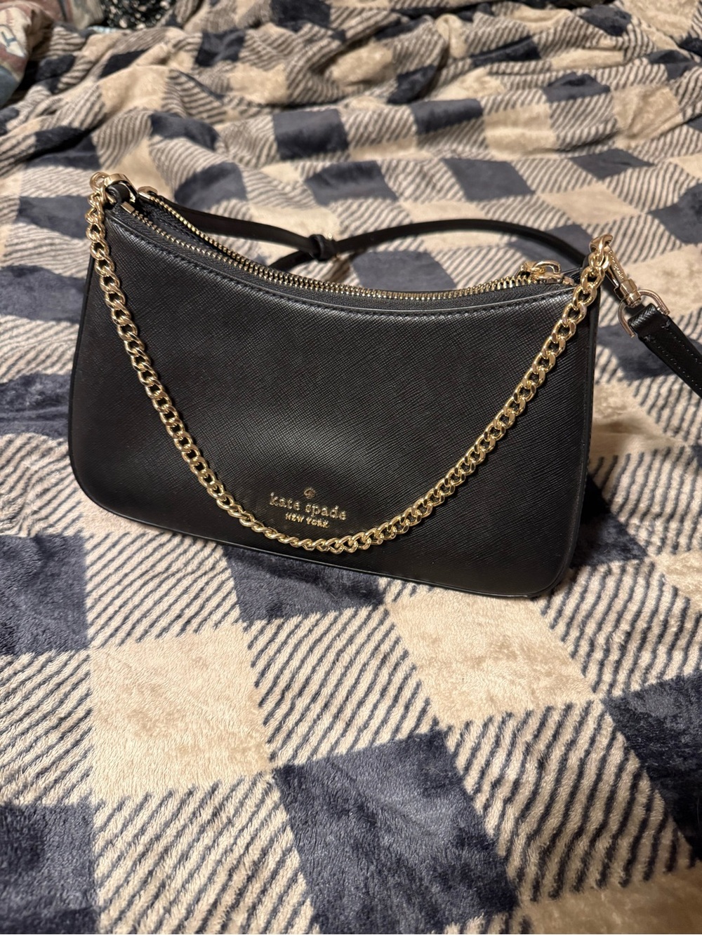 kate spade Black Leather Crossbody with Gold Chain